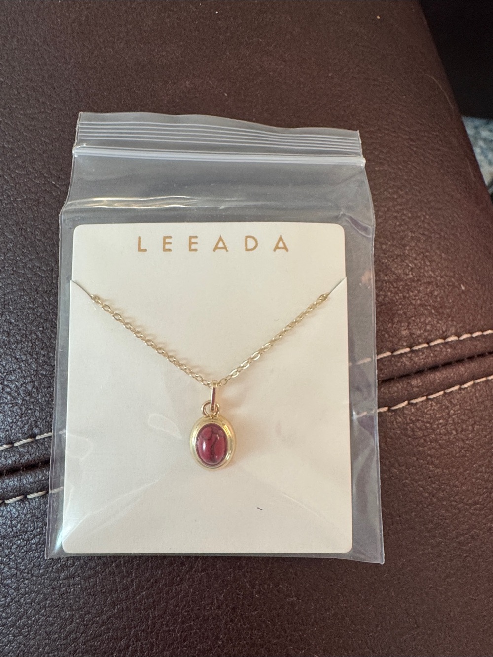 Leeada Gold Necklace with Red Oval Pendant